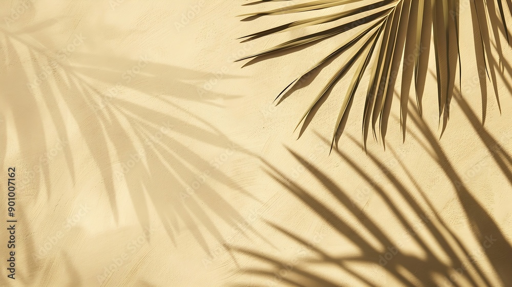 Poster natural palm leaf shadow on light beige sandy color background banner with copyspace summer minimal 