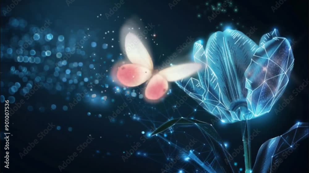 Wall mural digital butterfly and flower with glowing effects. seamless loop video background