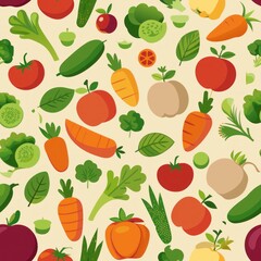 Seamless pattern of garden vegetables like tomatoes, carrots, and peas, Generative AI