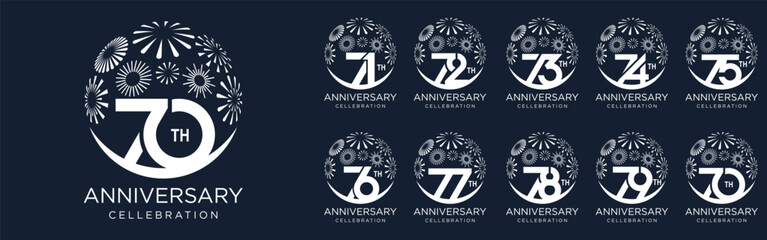 set of 70 to 79th anniversary logotype design, with white color fireworks for celebration event, wedding, and birthday, vector illustration