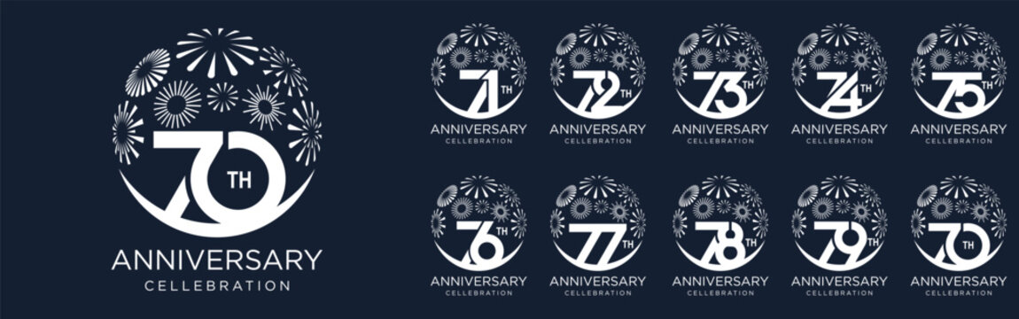 set of 70 to 79th anniversary logotype design, with white color fireworks for celebration event, wedding, and birthday, vector illustration