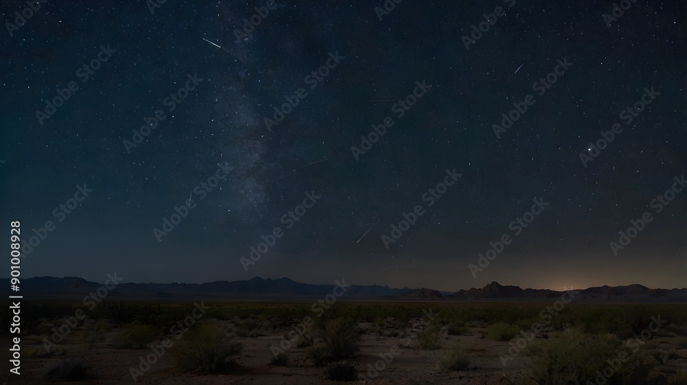Wall mural digital image of a starry night over the desert with a meteor shower