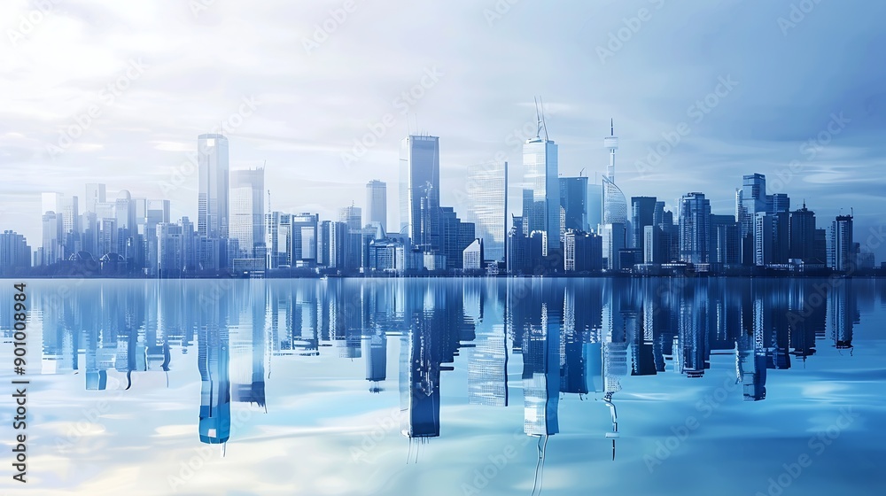 Aufkleber blue tone panorama of waterfront city skyline with reflection image composite : generative ai