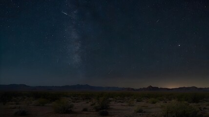 Digital image of a starry night over the desert with a meteor shower
