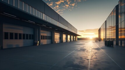 Modern Industrial Warehouse at Sunset with Clear Sky : Generative AI