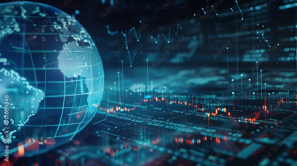 Poster Stock market graphs and data with globe in foreground : Generative AI