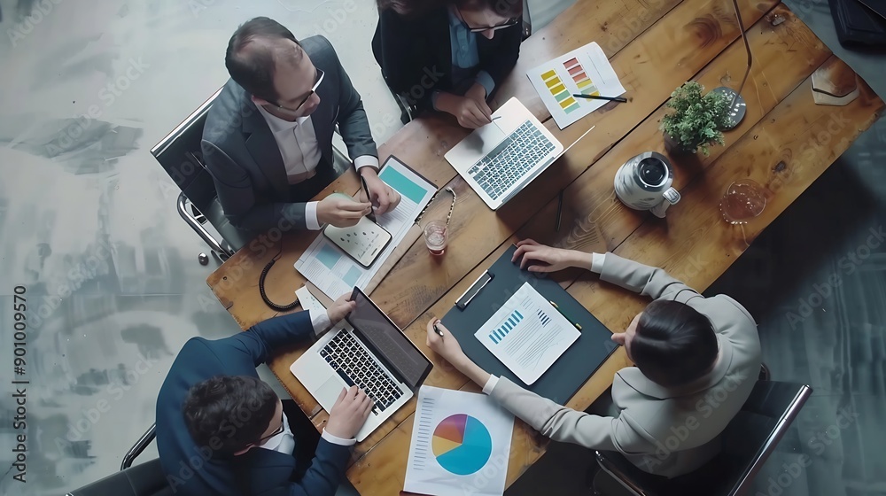 Aufkleber time lapse of diverse marketing team prepare for business meeting top down aerial view of businesspe