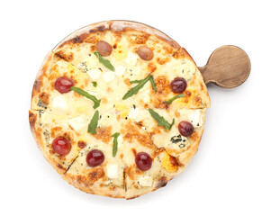 Tasty pizza with grapes and arugula on white background
