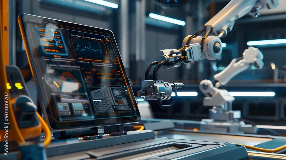 Leinwandbilder computer and digital tablet for control of robots in a smart factory smart industry 40 concept : gen
