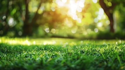 Naklejka premium Nature background display over blur green tree garden Blur park nature outdoor bokeh light background in spring and summe : Generative AI