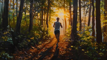 Fototapeta premium A runner enjoys a serene forest pathway at sunrise, surrounded by lush greenery and warm golden light.