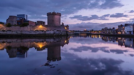 Fototapeta premium Reflection of King Johns Castle at dusk in Limerick city Ireland : Generative AI