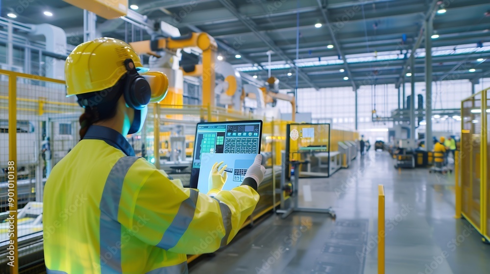 Poster Worker following factory production line uses screens with industry Internet of things Smart factory digital transformation : Generative AI