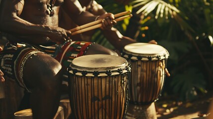 Obraz premium Drums called atabaque in Brazil being played during a ceremony typical of Umbanda an AfroBrazilian religion where they are the main instruments : Generative AI