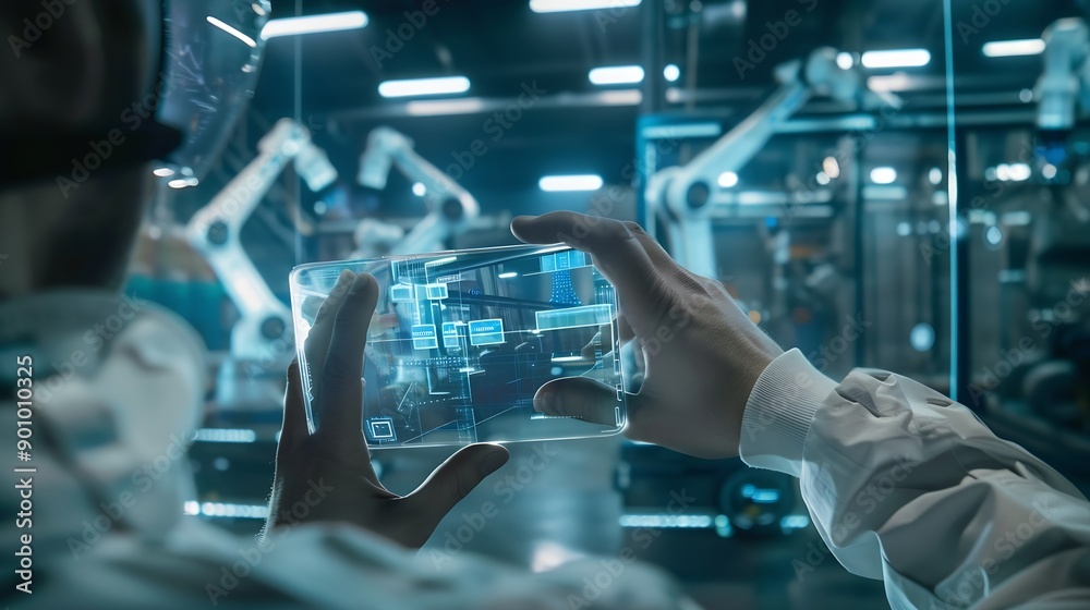 Poster Engineer uses a futuristic transparent smartphone to control robots in a smart factory Smart industry 40 concept : Generative AI