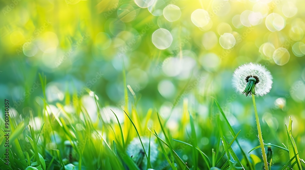 Fototapete white dandelion in a green grass on a forest meadow macro image shallow depth of field abstract summ