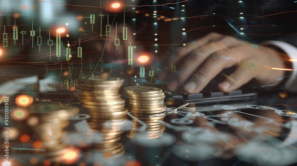 Poster business finance and investment currency exchange concept accountant using calculator with coins and