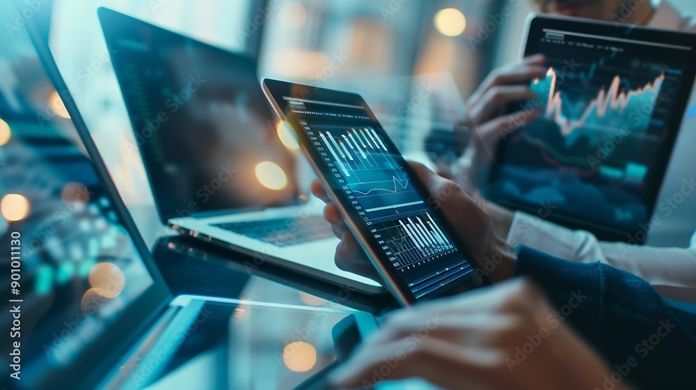 Aufkleber Business team using tablet and laptop analyzing sales data economic growth graph chart Business planning and strategy Financial report market research digital marketing business data a : Generative AI