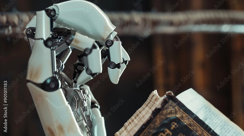 Aufkleber Real robots hand with ancient Bible book Concepts of artificial intelligence development and machine learning : Generative AI