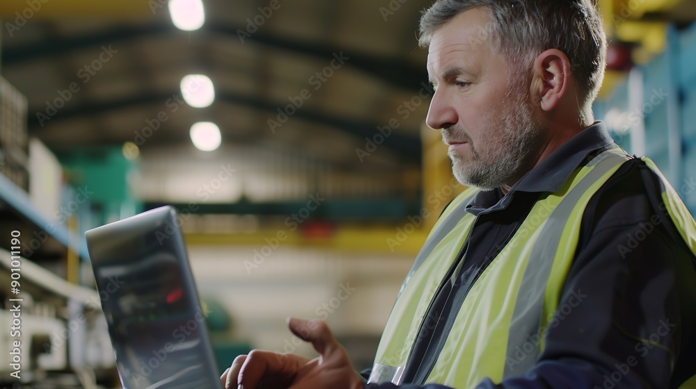 Poster Industrial Engineer Working at a Technology Factory Middle Aged Male Using Laptop Computer at Work Browsing Electronics Information Online Mans Back in Safety Vest Turned to Camera : Generative AI