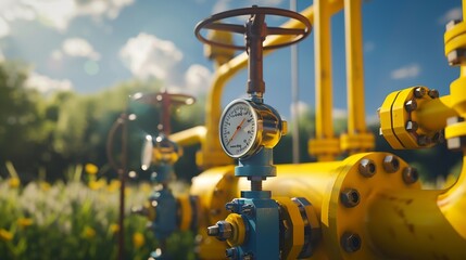 Natural gas pumping station among the spring fields Yellow pipes pressure gauges and valves  elements of the natural gas transmission installation : Generative AI