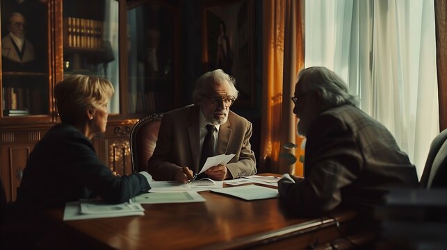 Senior couple talking and lawyer with documents for financial advice retirement plan and will at home Old man elderly woman and attorney with paperwork budget negotiation and legal agr : Generative AI