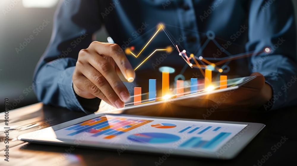 Aufkleber Business 2025 analytics tools charts and graphs with statistics to analyze business potential and forecast future development of companies growth Businessman using a tablet : Generative AI