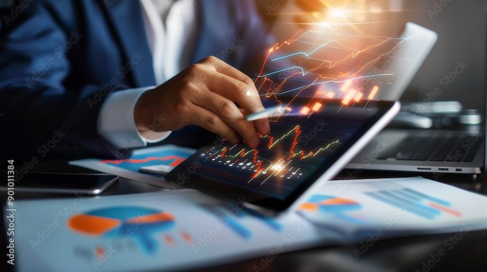 Fototapete business finance and investment data analysis businessman using tablet analyzing financial graph gro