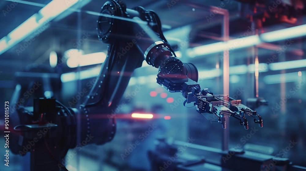 Aufkleber MLB Mechanized industry robot arm and factory worker double exposure Concept of robotics technology for industrial revolution and automated manufacturing process : Generative AI