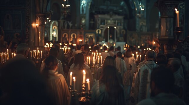 Greek Orthodox Christian Easter ceremony procession divine worship service worshippers hold candles parishioners during an Easter vigil mass in a Cathedral Athens Attica Greece divine  : Generative AI