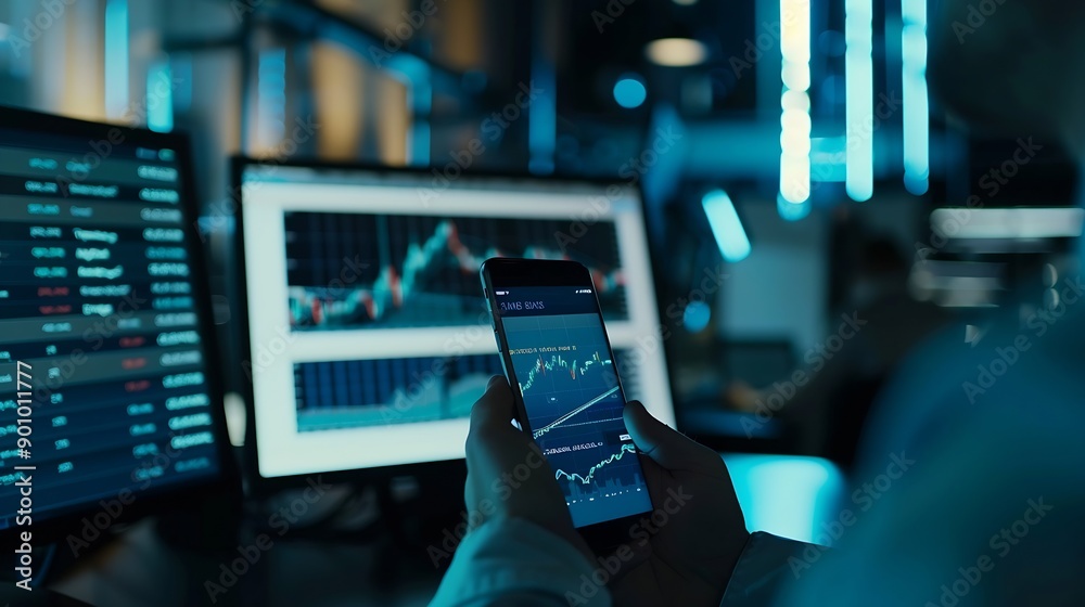Aufkleber Focusing on phone with discussing dynamic stock market in two business traders online website compare with pc screens in real time currency rate investment on risk data at modern offic : Generative AI