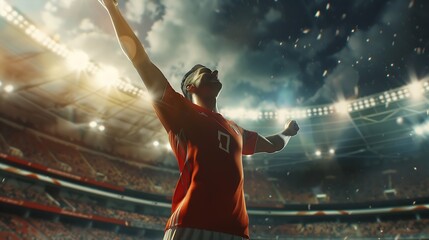 Cinematic shot captures victory Professional football player on sport football arena celebrating goal at 3D model sport stadium arena Concept of professional sport championship tournam : Generative AI