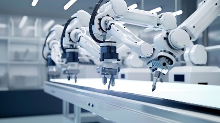 MLP Smart industry robot arms for digital factory production technology showing automation manufacturing process of the Industry 40 or 4th industrial revolution and IOT software to con : Generative AI
