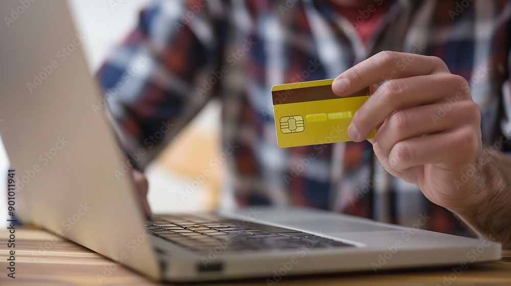 Poster a man is holding a credit card in front of a laptop concept of financial responsibility and the impo