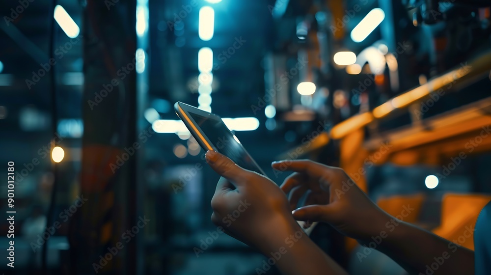 Poster Smart industry control conceptHands holding tablet on blurred automation machine as background : Generative AI
