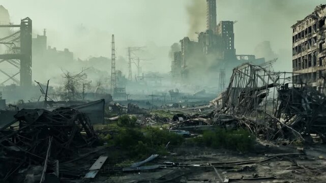 Ruined Cityscape of a Post-Apocalyptic Urban Environment With Overgrown Vegetation Generative AI