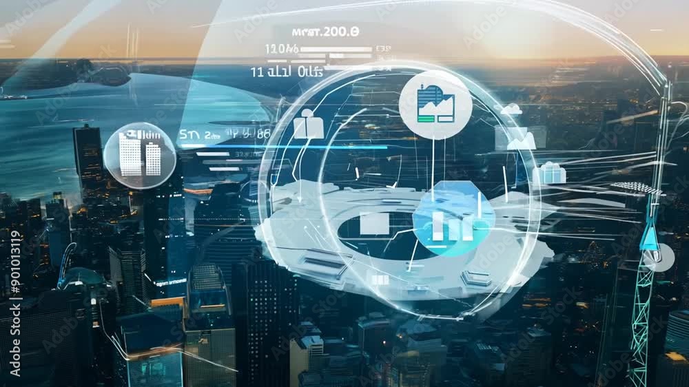 Poster aerial view of smart city network with cloud computing icons and data connections at dusk generative