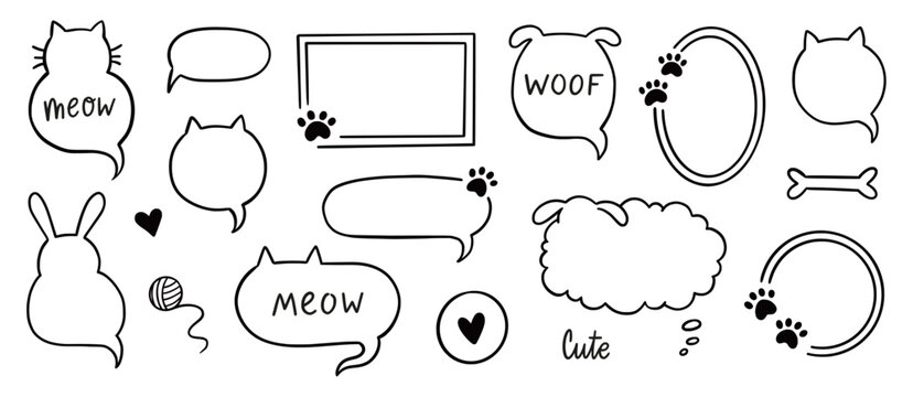 Cat dog pet frame, speech bubble cute set. Hand drawn sketch doodle line style animal pet frame design. Cat, dog paw cute talk speech bubble design. Puppy round footprint badge. Vector illustration.