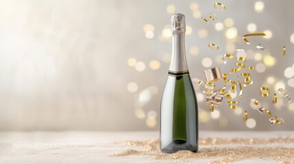 Champagne bottle with gold confetti on white background.