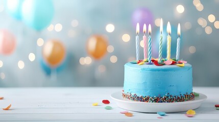 Birthday cake with candles and balloons on a wooden table.