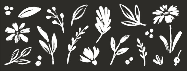 Flower abstract hand drawn brush chalk stroke. Sketch hand drawn silhouette floral plant, nature graphic leaf, floral grunge abstract brush. Vector simple flower on chalkboard. Vector illustration