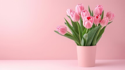 Fototapeta premium Pink tulips in a vase on a pink background.