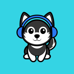 Cute husky wearing headphone silhouette black vector icon illustration