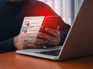 SMS spam and fake text message phishing concept. System hacked warning alert, email hack, scam...
