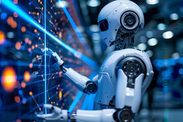 Fototapeta premium Humanoid Robot Interacting with Data in a Futuristic Digital Environment