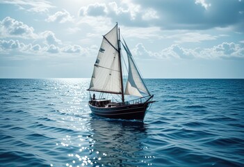 Fototapeta premium Sun-kissed sails unfurl as sleek yacht glides through endless ocean, promising nautical escape