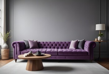 Purple tufted velvet sofa with a round wooden coffee table in a modern, minimalist living room with gray walls and paneling