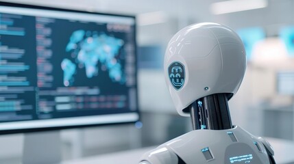 Naklejka premium An innovative tech office with AI features and a bright setting, capturing the future of digital technology and productivity