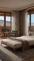 Modern Bedroom with City View and Large Windows