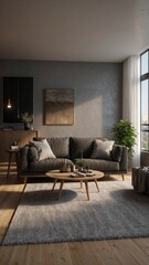 Fototapeta premium Modern Minimalist Living Room with Gray Sofa and Wooden Coffee Table